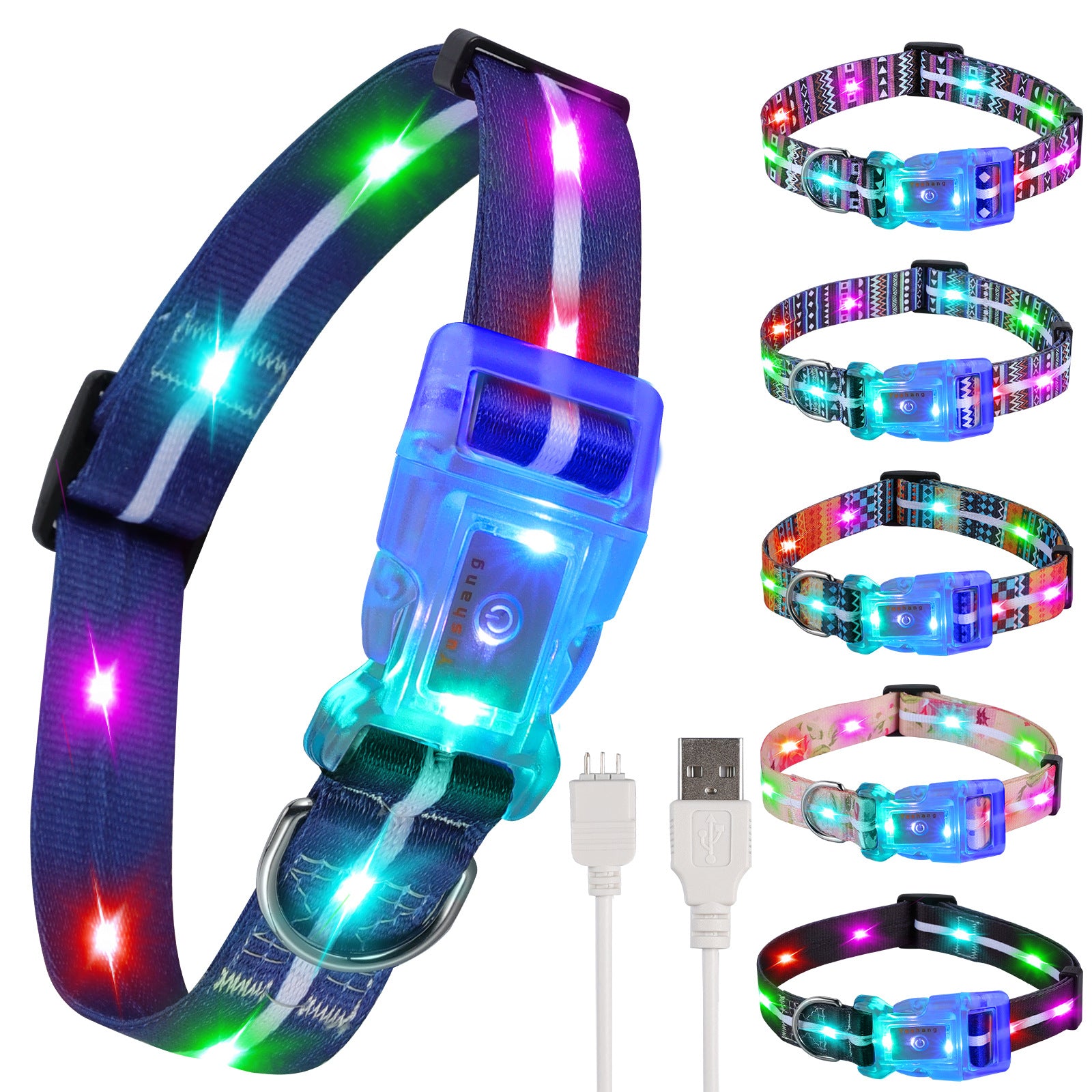 Striped light up dog collars in blue and black designs