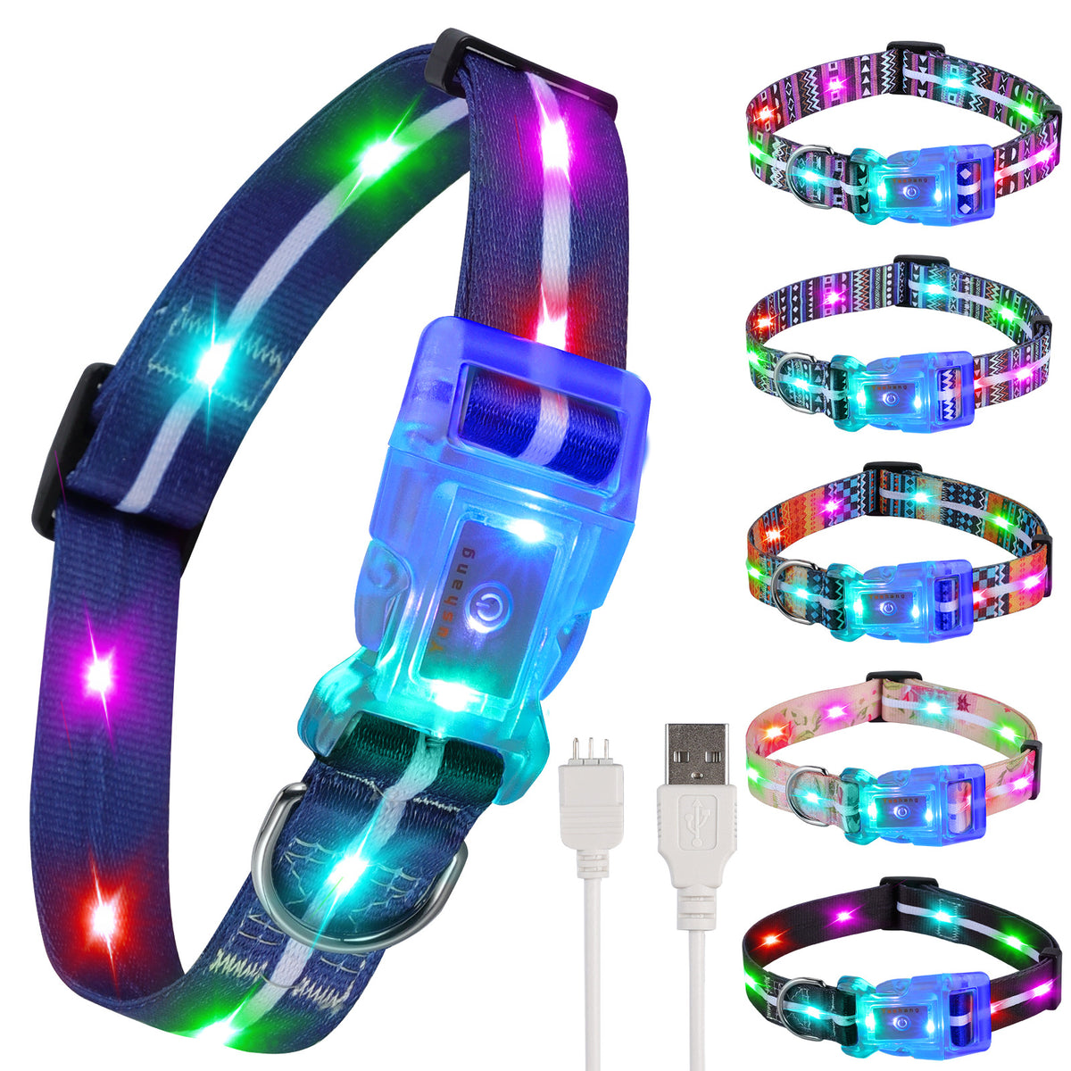 Striped light up dog collars in blue and black designs