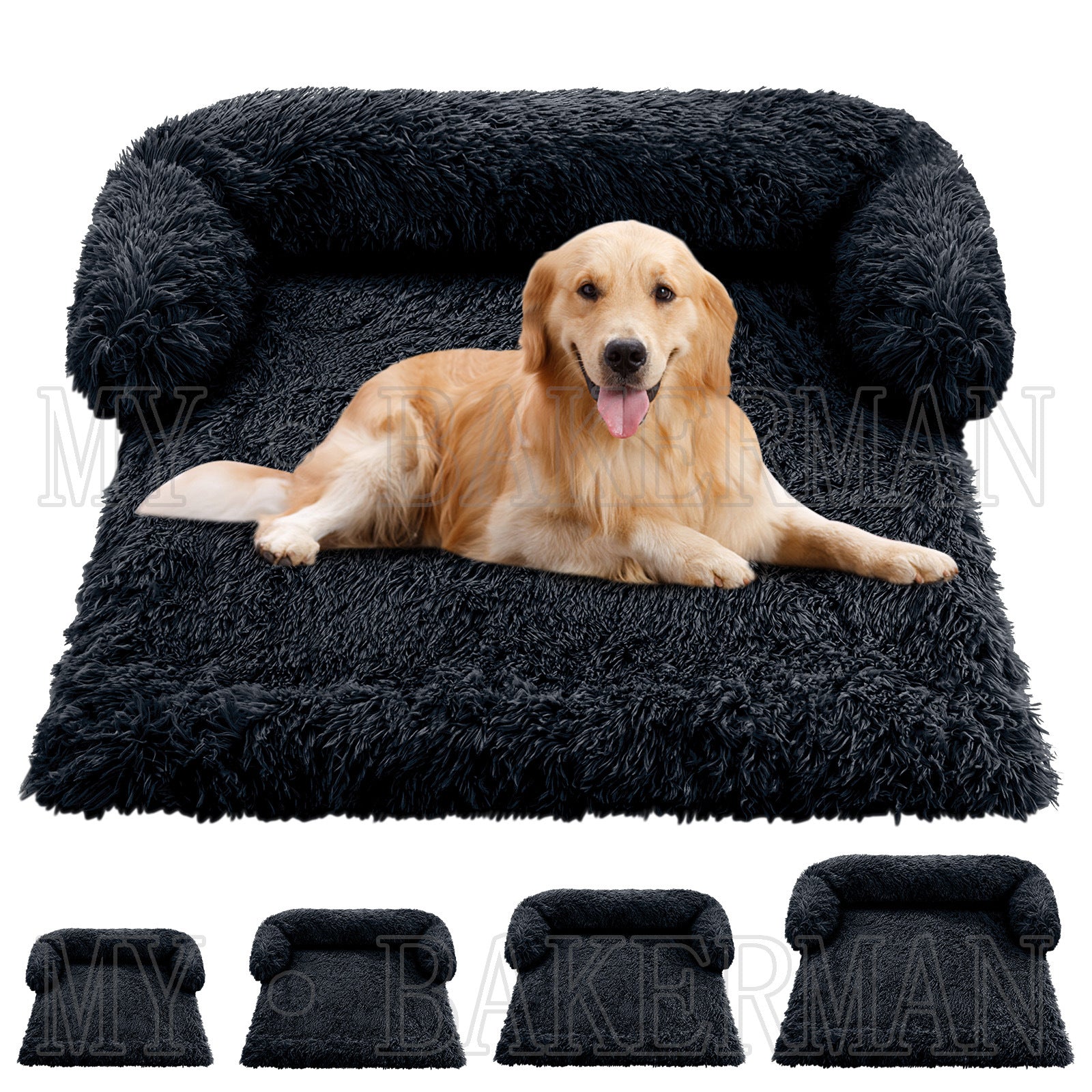 Dog lying on a coffee coloured plush square bed