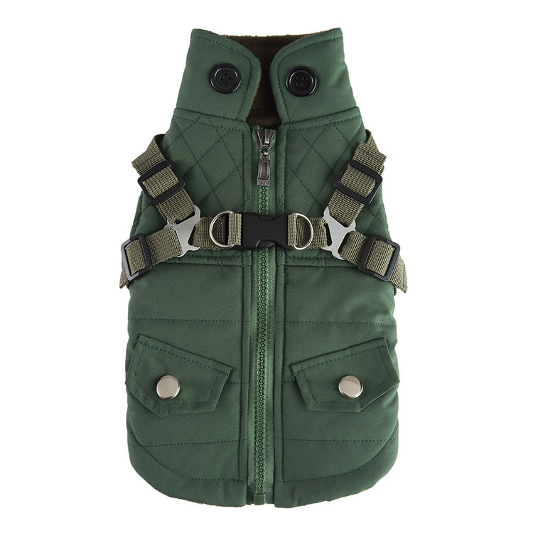Padded dog chest jacket with zip and reflective straps, showing size and shape