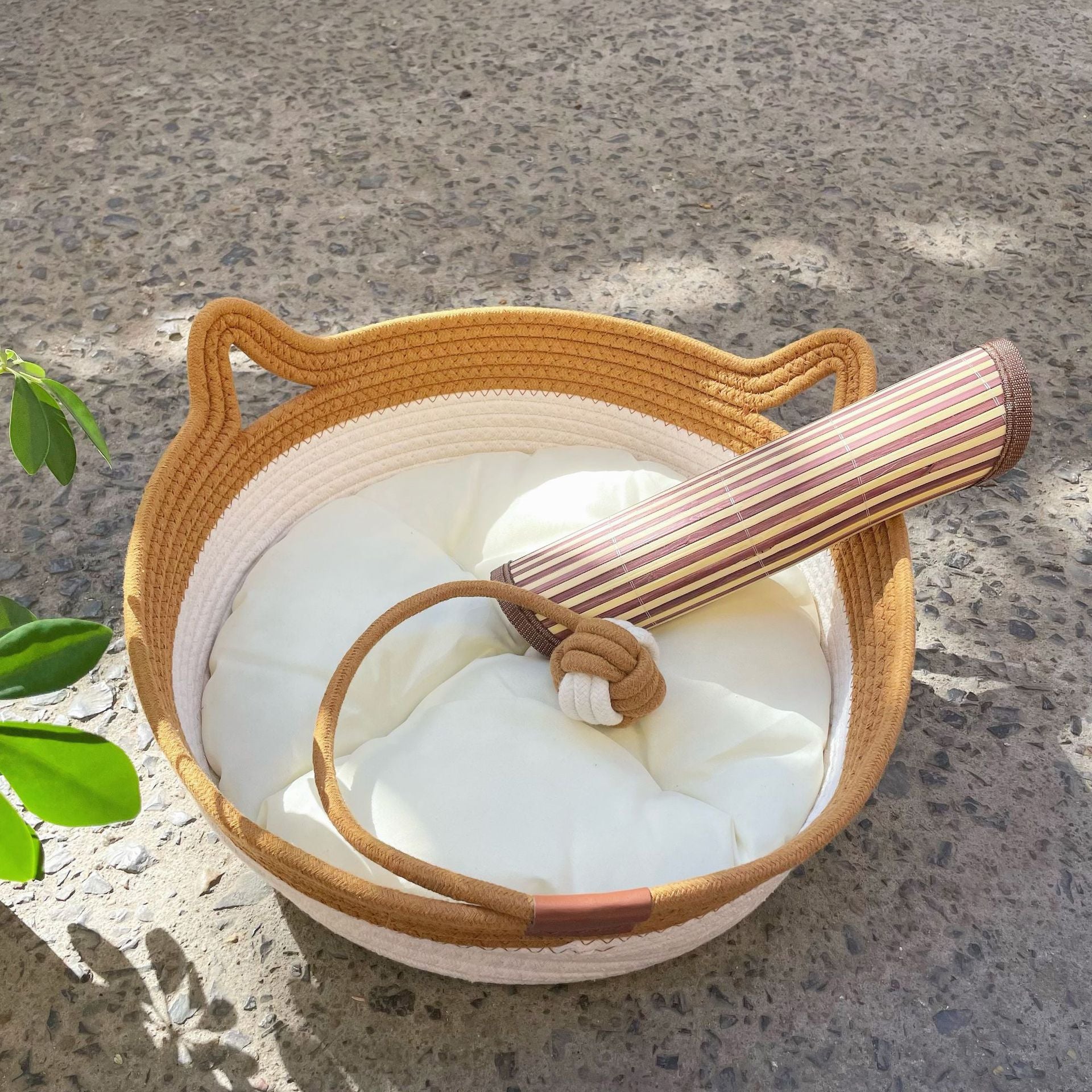 Woven rattan cat bed with cat ears and toy ball, view 24
