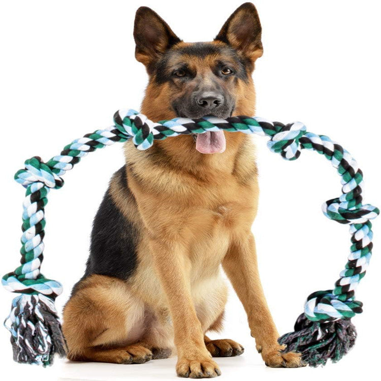 Six knot cotton rope tug toy in white, blue and yellow
