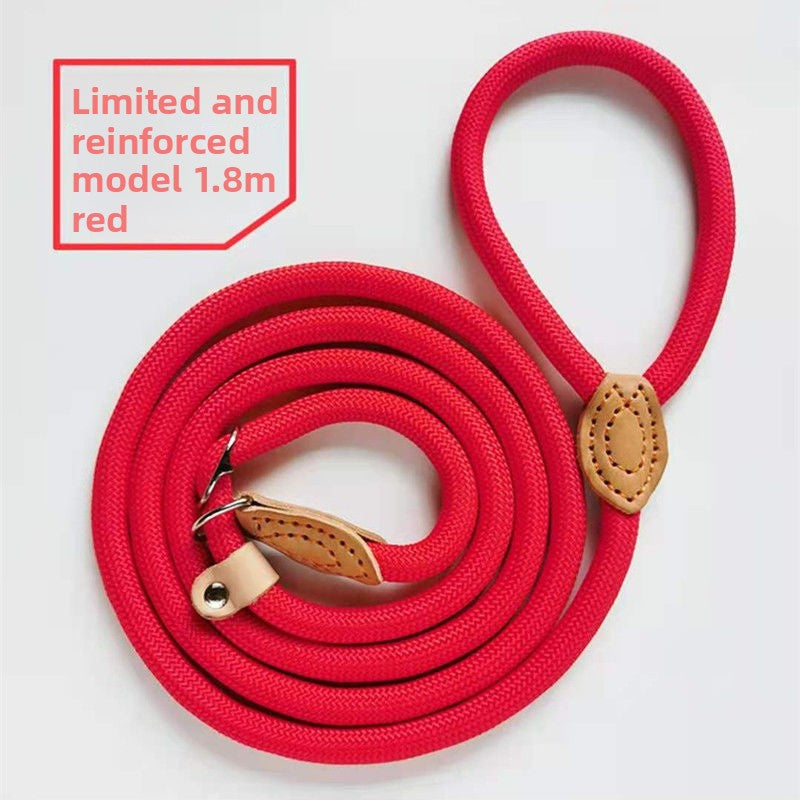 Braided nylon rope dog lead in red with metal clip