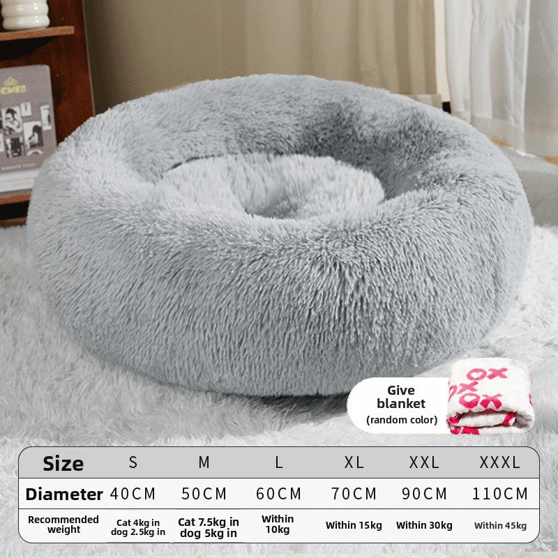 Grey round winter dog bed with matching fleece blanket, photo 12