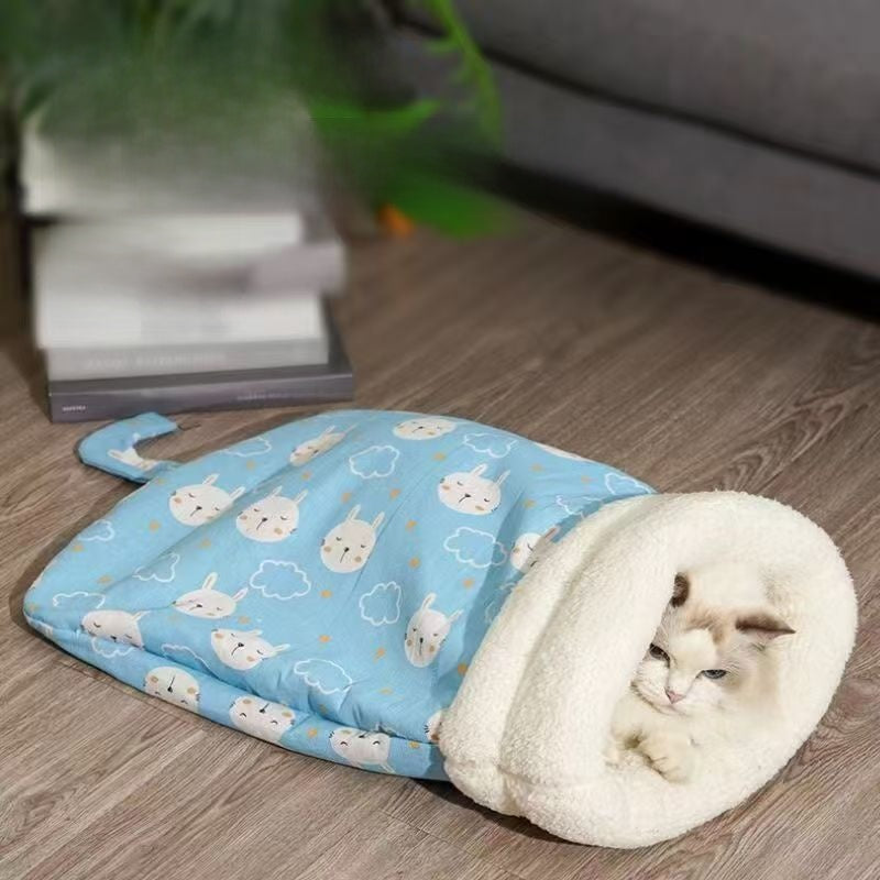 Plush hooded cat sleeping bag bed with pink deer design, product image 1
