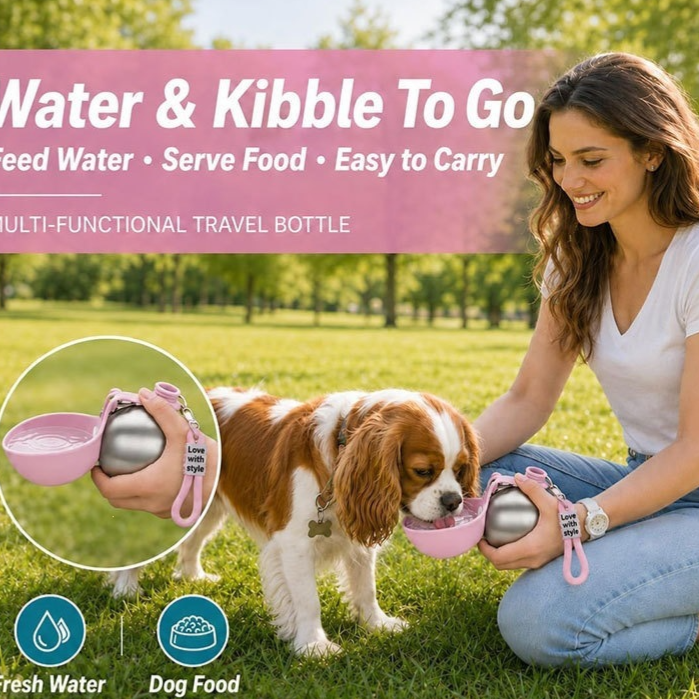 Portable Pet Water Bottle with Foldable Silicone Bowl and 304 Stainless Steel Body