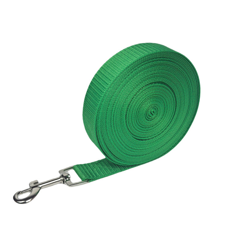 Long nylon dog training lead in red coiled on grass