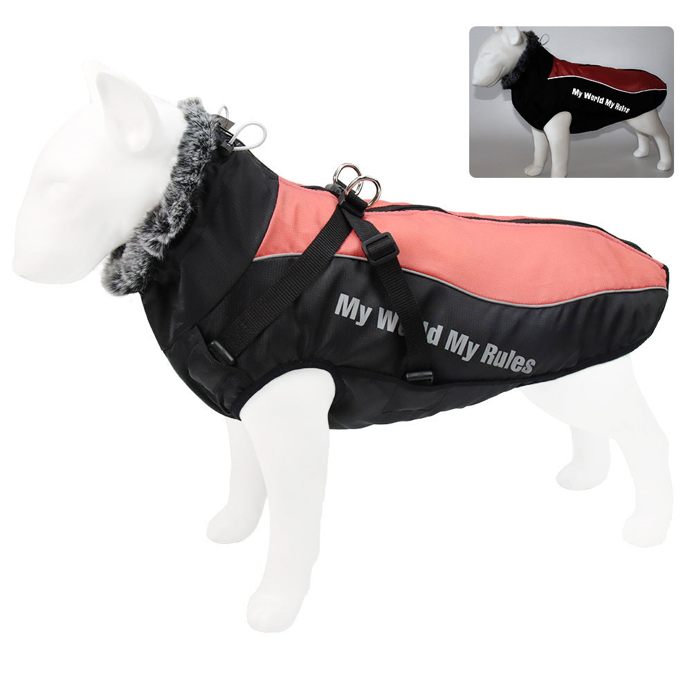 Reflective padded dog coats in red, blue and iridescent finishes