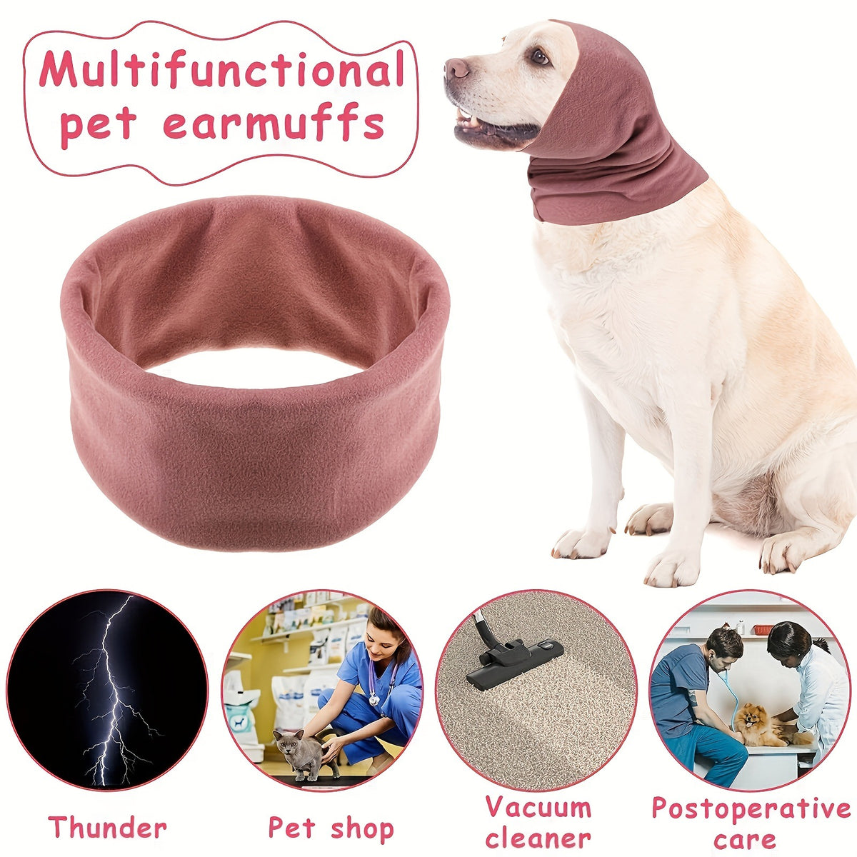 Stretchy dog ear cover snood for fireworks and cold in Pink, front view