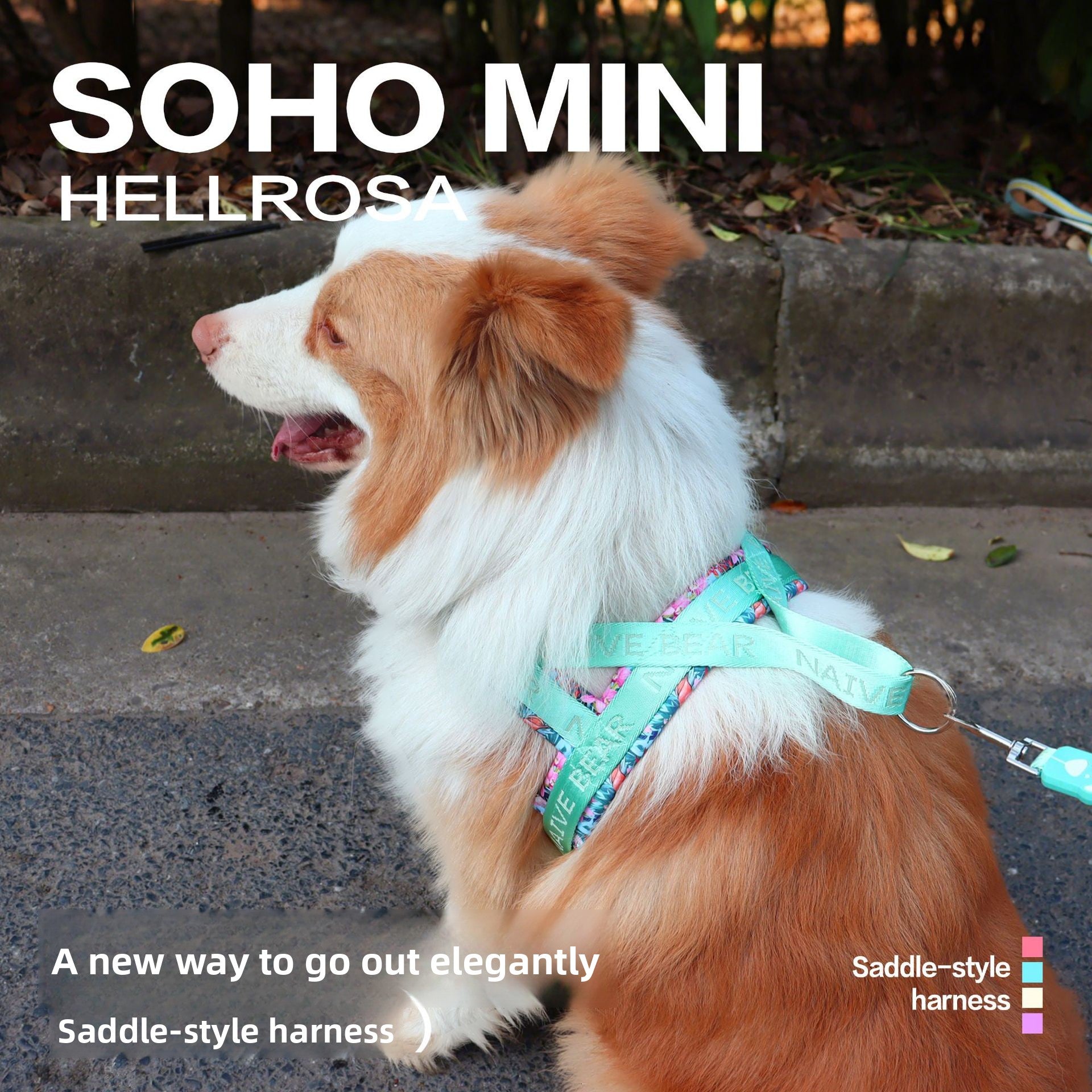 Printed saddle dog harness in cyan blue with retractable lead