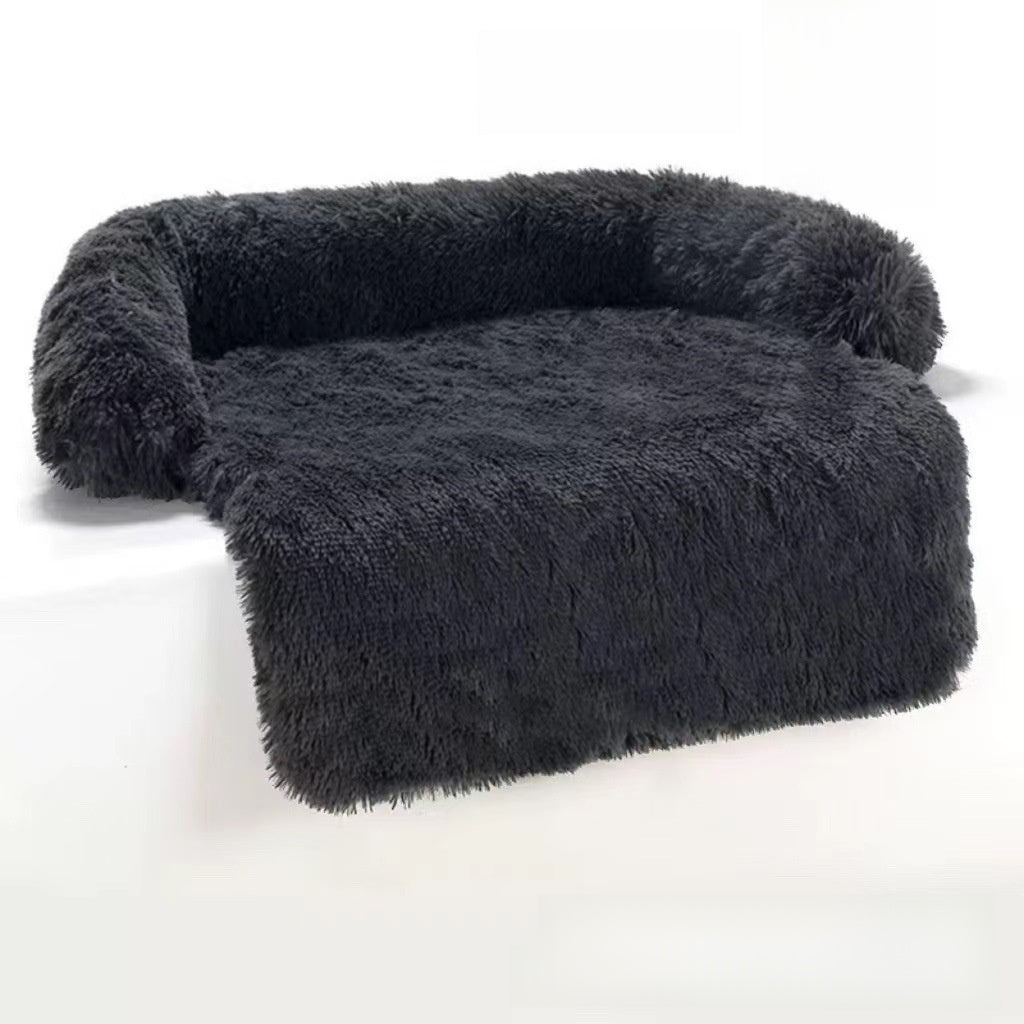 Dark grey long plush curved dog bed with raised sides, photo 46