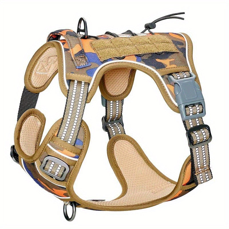 Tactical nylon dog harness with metal buckles in desert camo, view 60