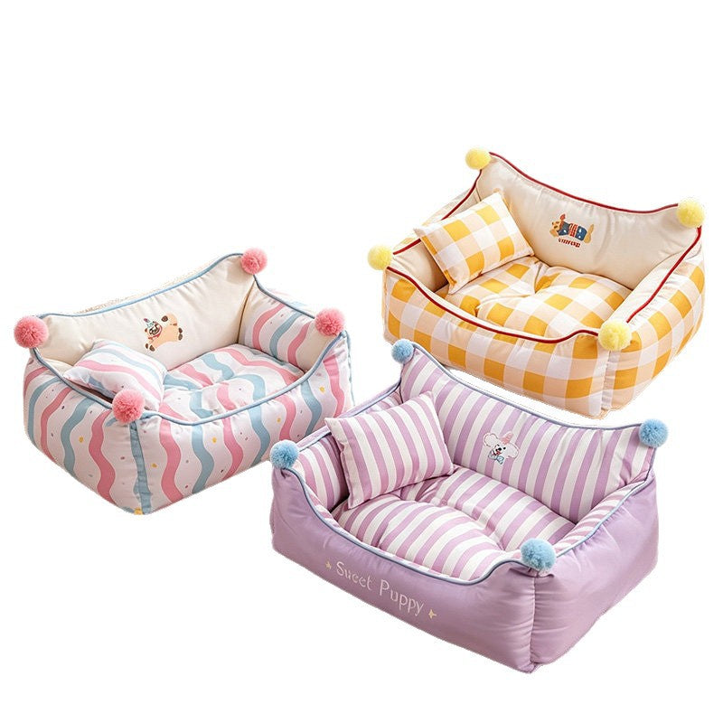 Semi-enclosed sofa style cat bed with striped poodle print, product image 5