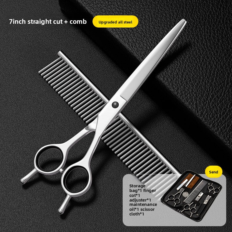 Straight, curved and thinning pet grooming shears with a matching comb