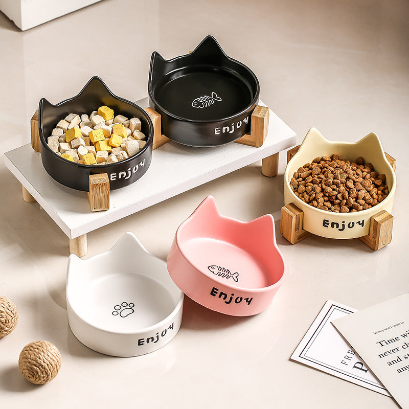 Anti-Spill Ceramic Pet Bowl with Wooden Stand and Cat Ear, Paw or Fish Bone Design