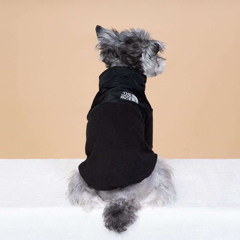 Embroidered fleece two-leg dog jacket in Black, side view