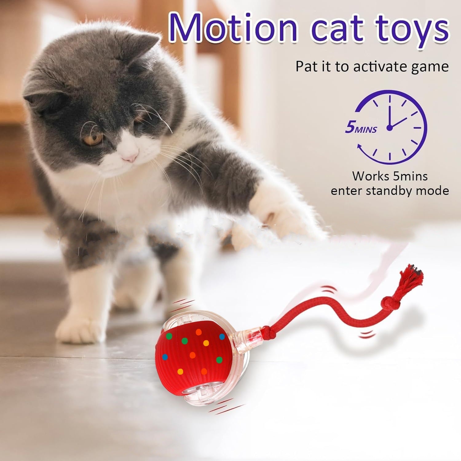 Red automatic rolling cat toy ball with dragonfly tail, photo 4