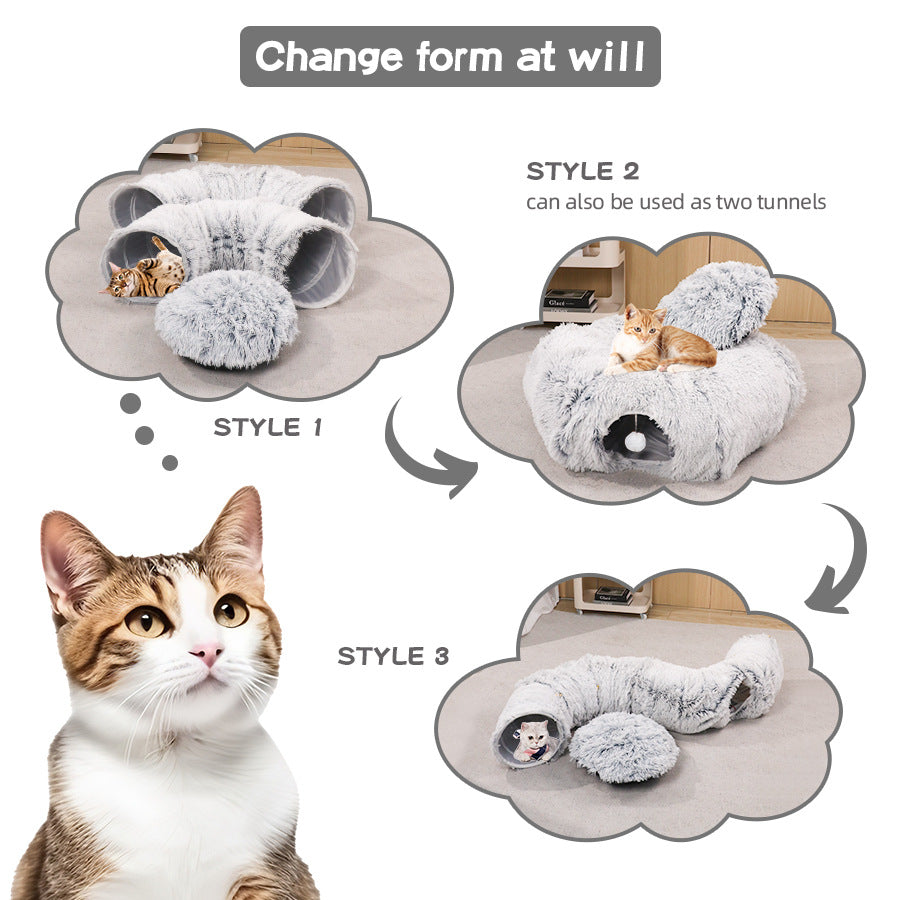 Navy and white striped foldable plush cat tunnel nest, view 2