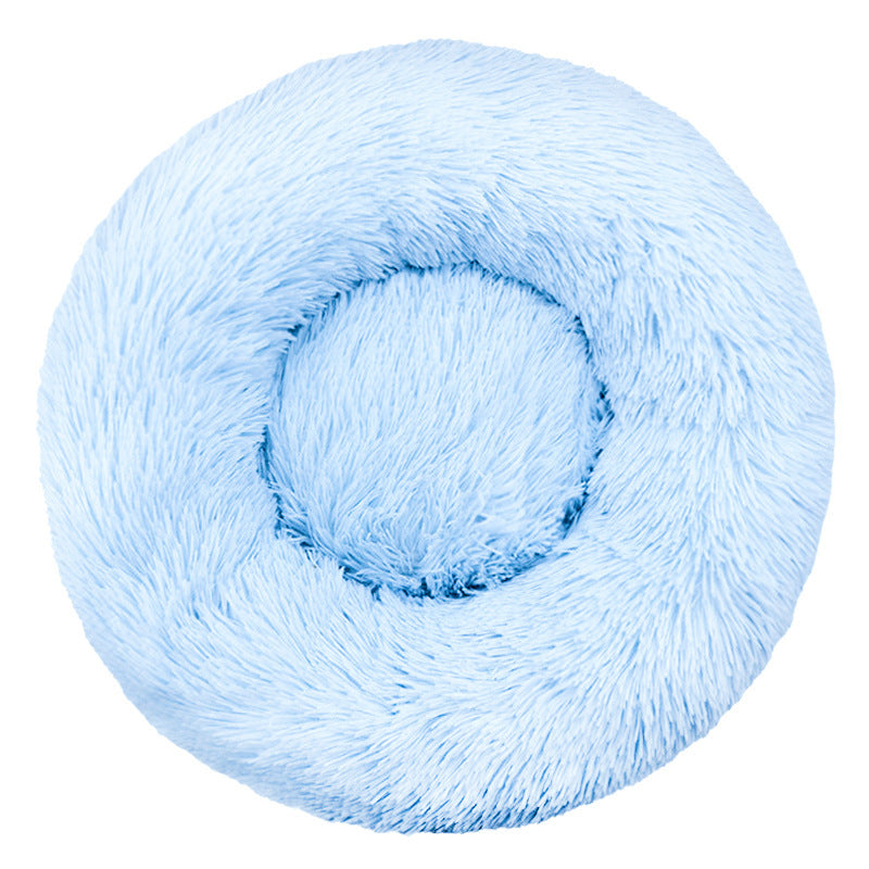 Round long plush nest bed for cats and dogs in Light Blue