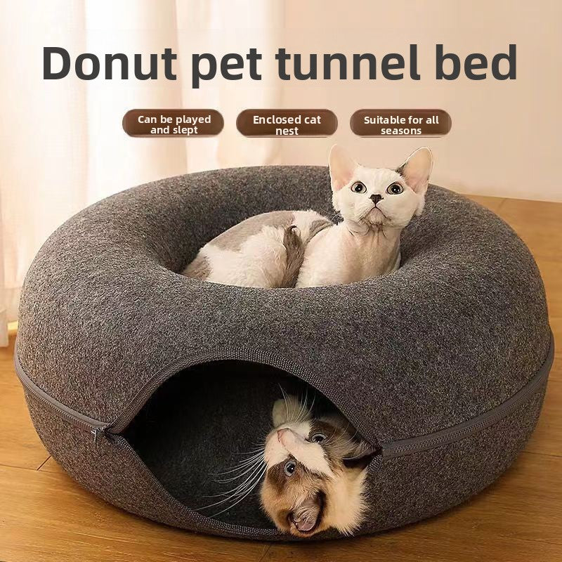 Foldable felt cat tunnel bed in grey, view 1