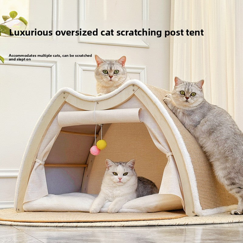 Solid wood enclosed cat tent with sisal scratching pad, view 1