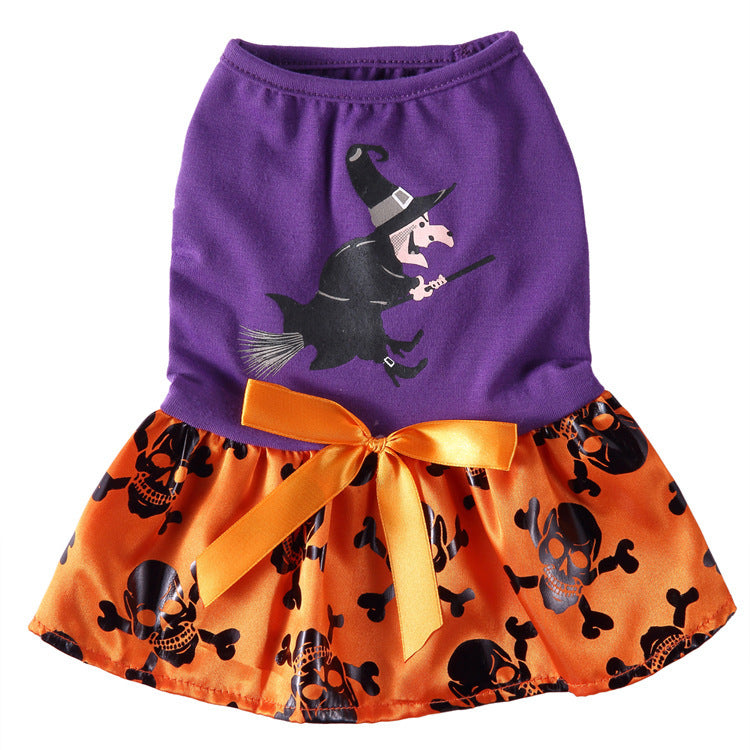 Coral fleece four-leg dog jumpsuit with holiday print, in use with a pet