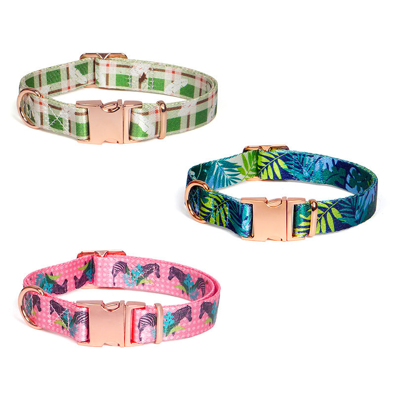 Printed polyester dog collar with rose gold buckle in green feather
