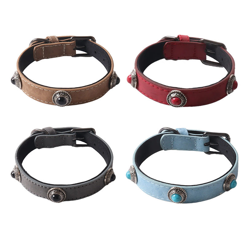 Adjustable PU leather cat collar with cat eye stone, product image 1