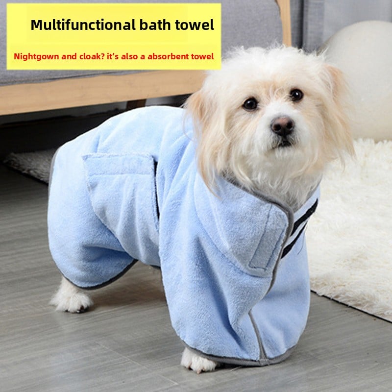 Thick microfibre dog bathrobe with full coverage in New Purple, in a home setting