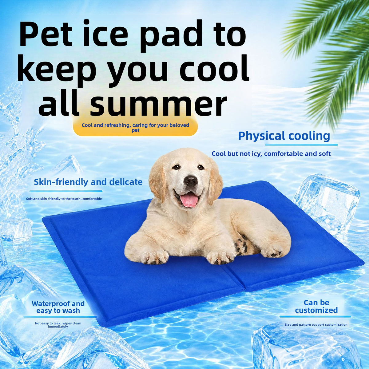 Blue gel filled pet cooling pad for cats and dogs, view 1