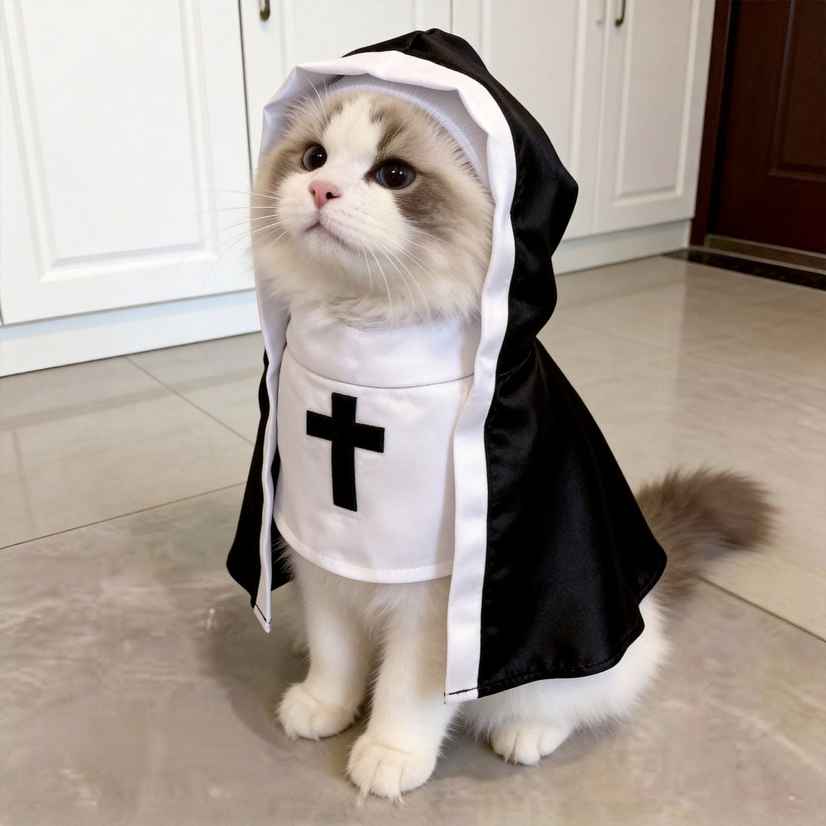 Cat dressed in a funny black and white nun costume