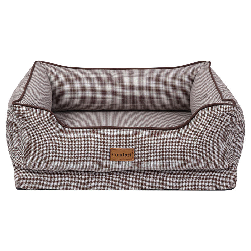 Removable washable linen dog bed with raised edges in light grey