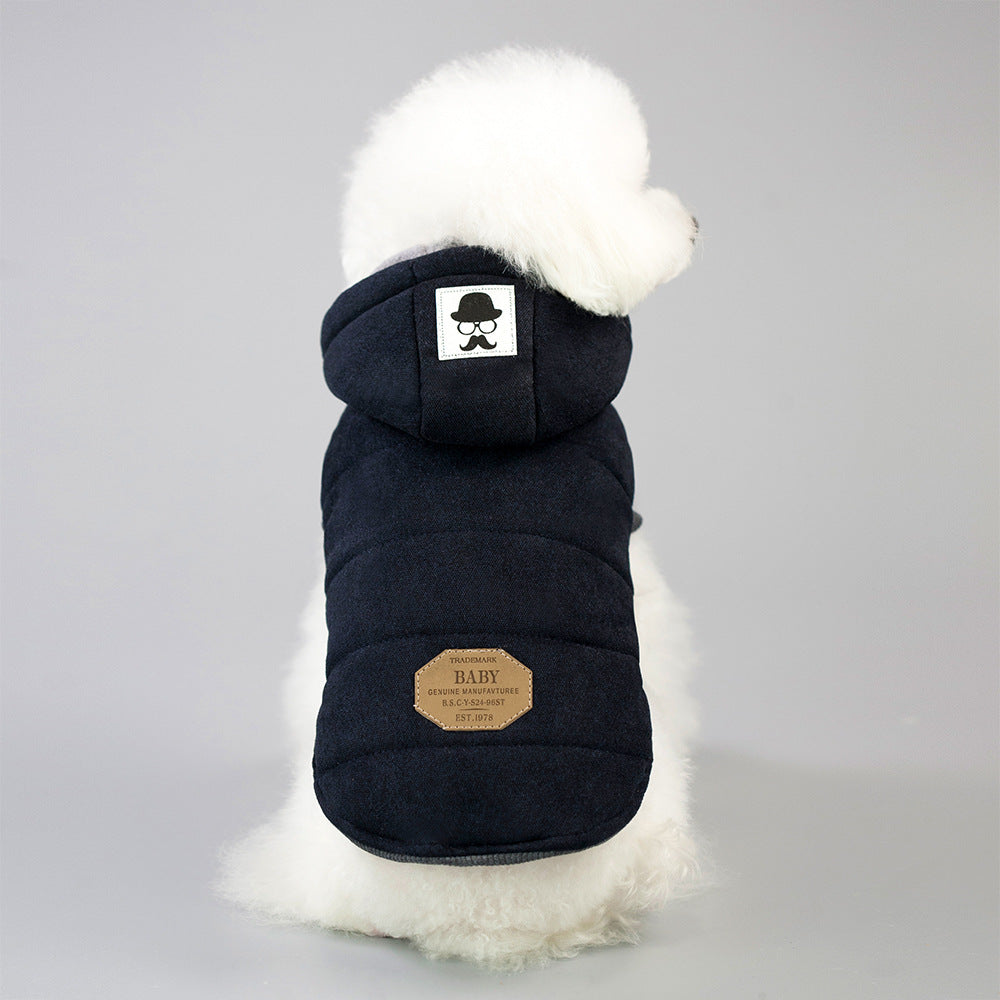 Two-leg padded cotton dog coat with moustache pattern in Grey, material detail