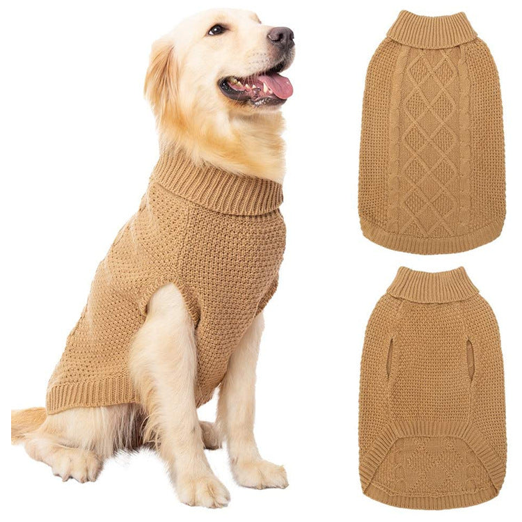 Cable knit roll neck dog jumper in wool knit in Pink, in a home setting