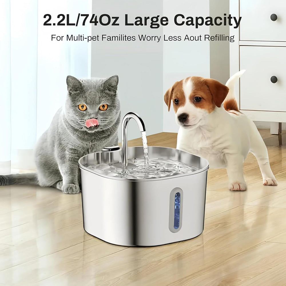 Stainless Steel Pet Water Fountain 2.2L with Activated Carbon Filter and USB Power