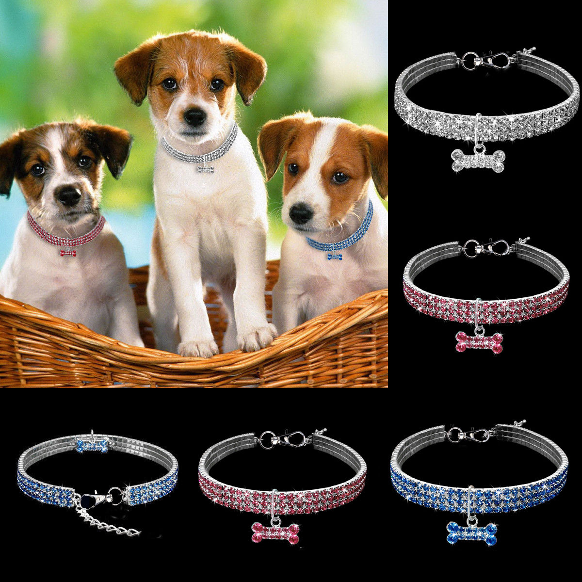 Rhinestone elastic pet collar with charm in Red Bone, in a home setting