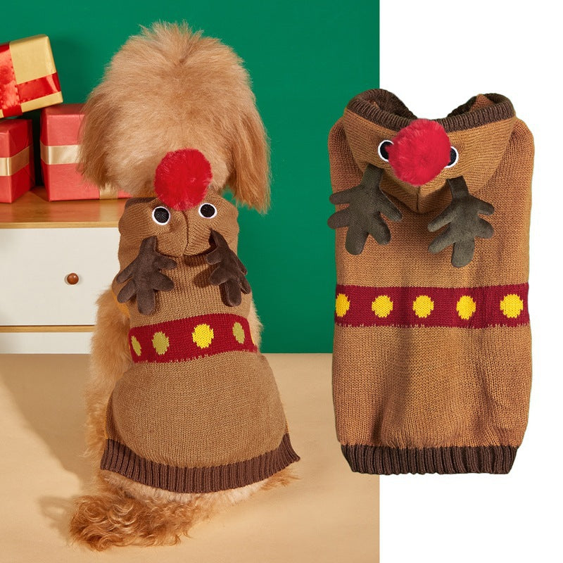 Christmas knitted pet jumper with festive design in Wine Red Gingerbread, in a home setting