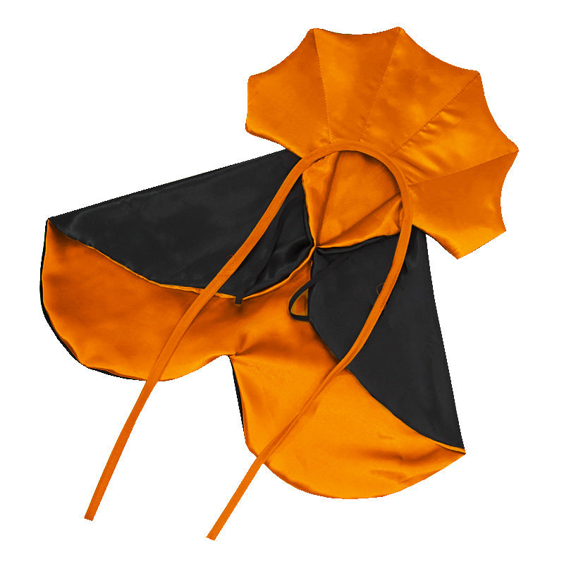 Halloween bat style pet cloak with 3D collar in Purple and Black, material detail