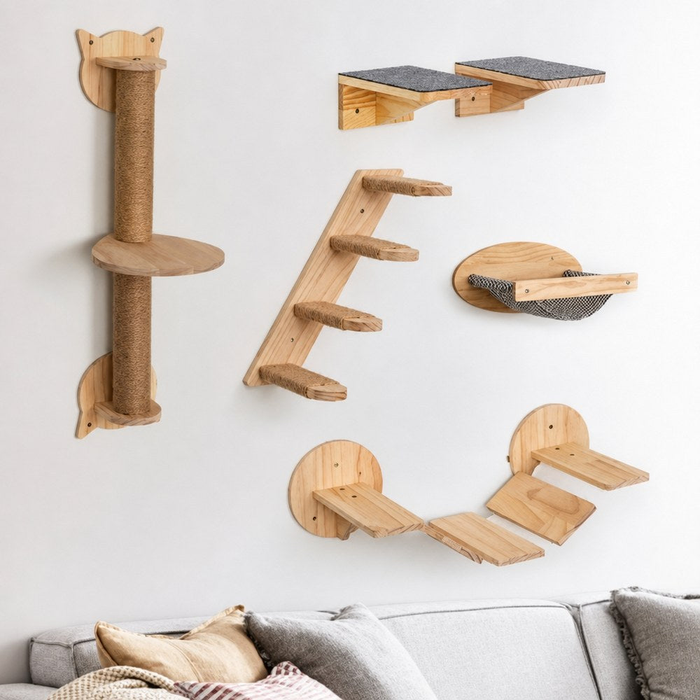 Wall-mounted wooden cat furniture with sisal, close-up detail view