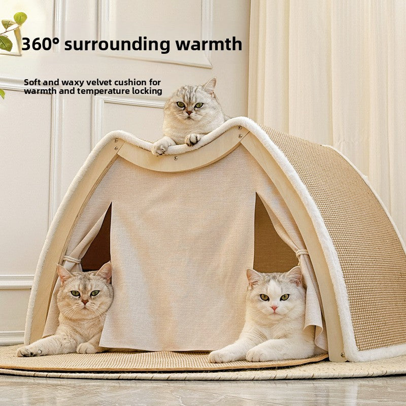 Solid wood enclosed cat tent with sisal scratching pad, view 2