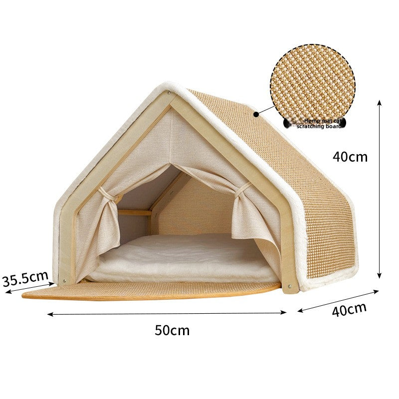Solid wood enclosed cat tent with sisal scratching pad, view 7