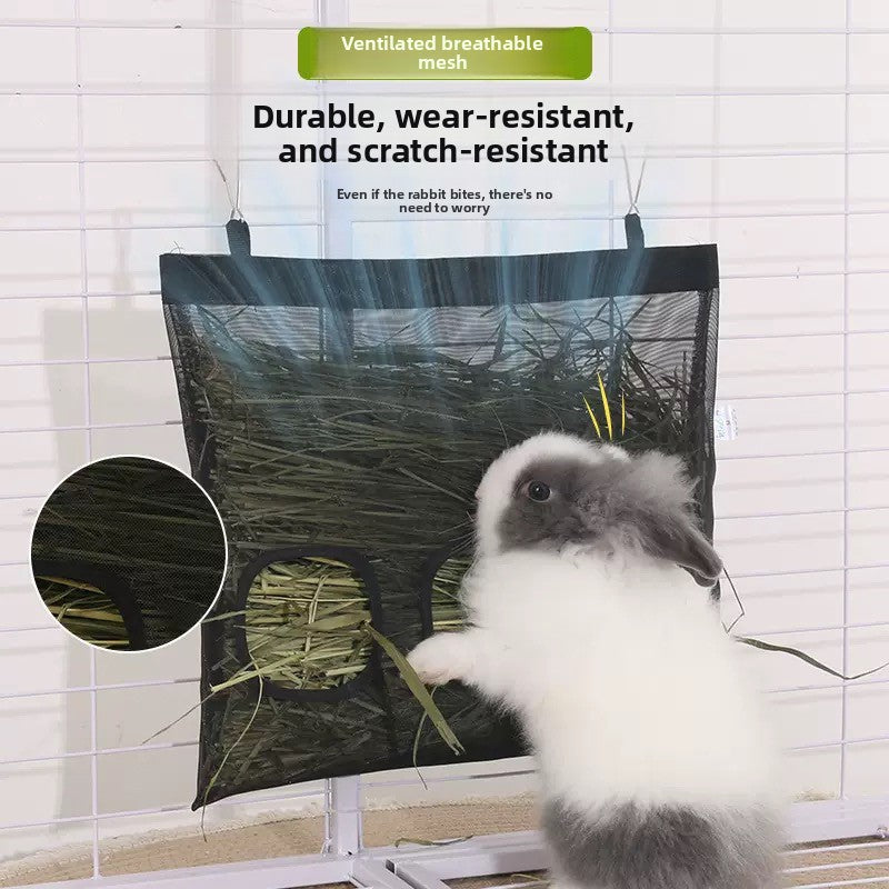 Hanging washable rabbit hay bag in black or white, view 2