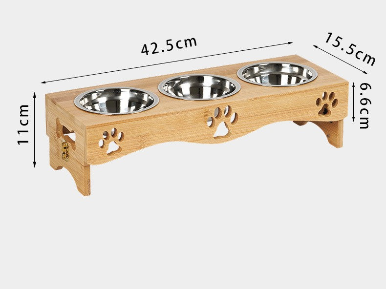 Elevated Stainless Steel Pet Bowl on Three-Legged Bamboo Stand for Cats and Small Pets
