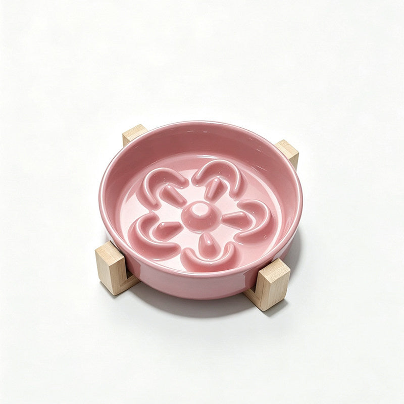 Flower-Shaped Ceramic Slow Feeder Pet Bowl with Wooden Stand for Cats and Dogs