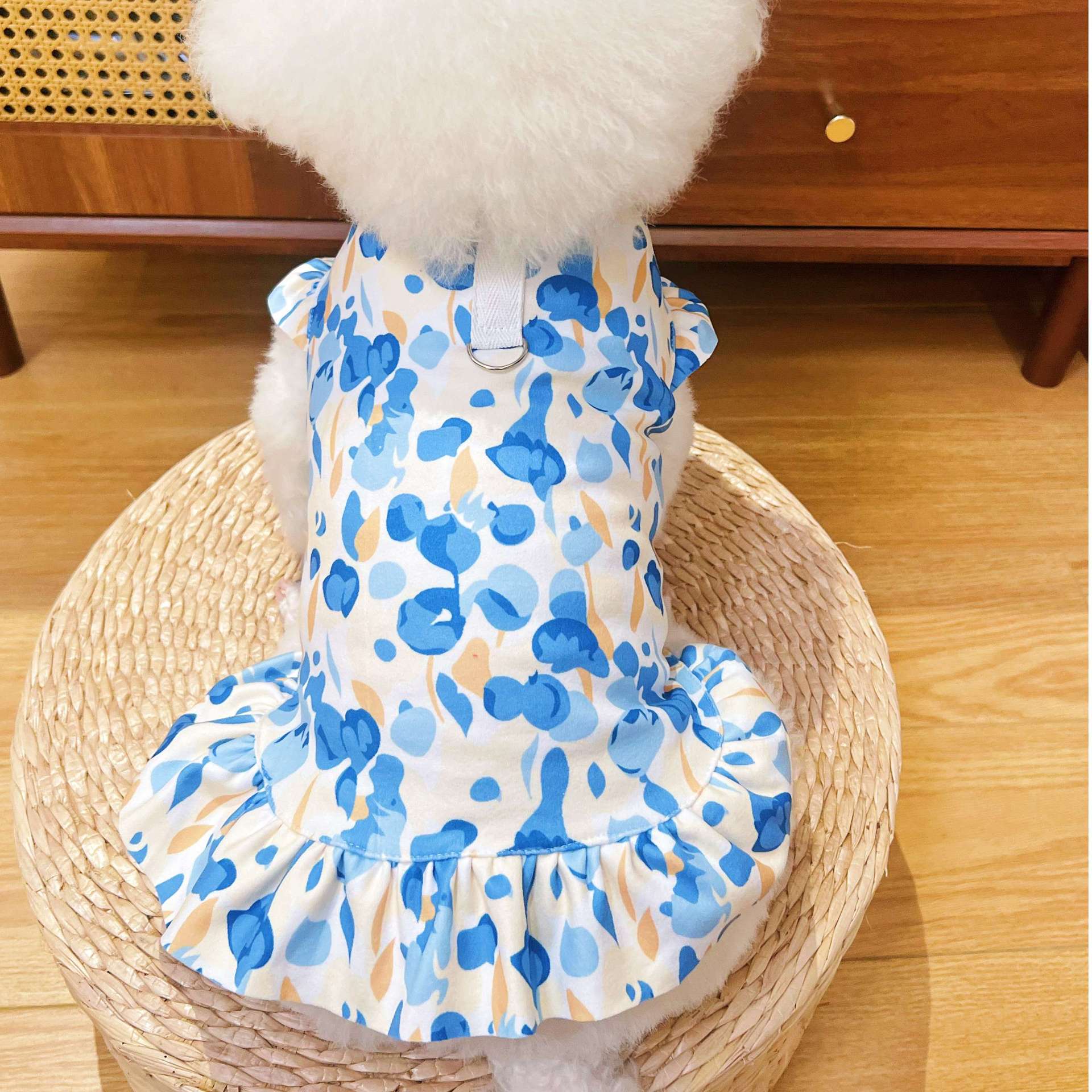 Soft polyester dog vest for autumn and winter in Blue, showing size and shape