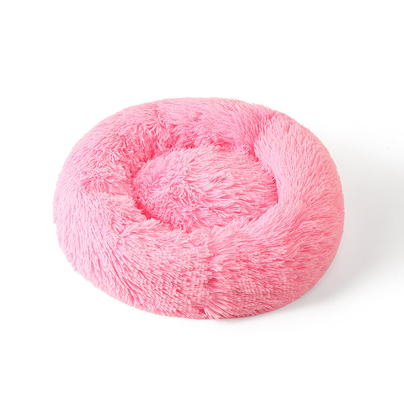 Light grey round plush pet bed with deep nest shape, photo 11