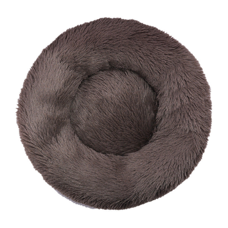 Round long plush nest bed for cats and dogs in Light Brown