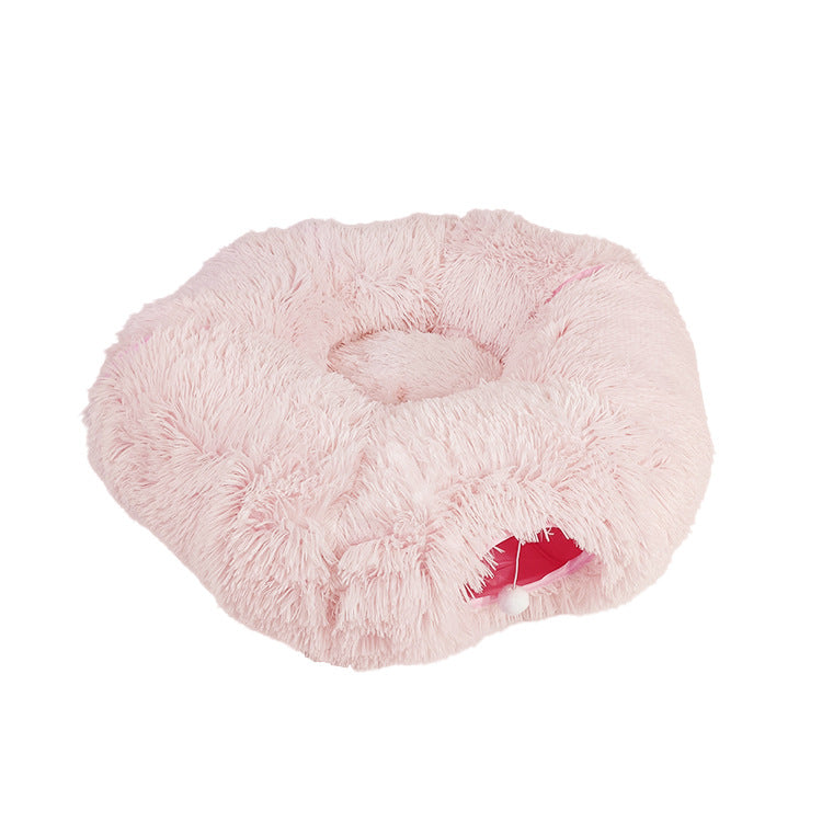 Grey donut tunnel plush cat bed with hanging ball, view 7