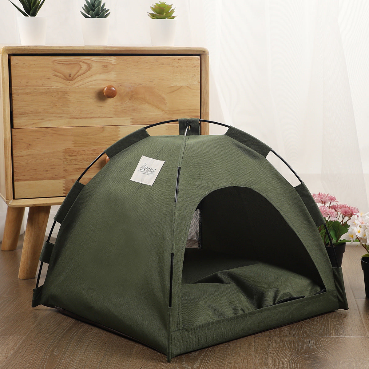 Army green semi enclosed pet tent bed for cats, view 2