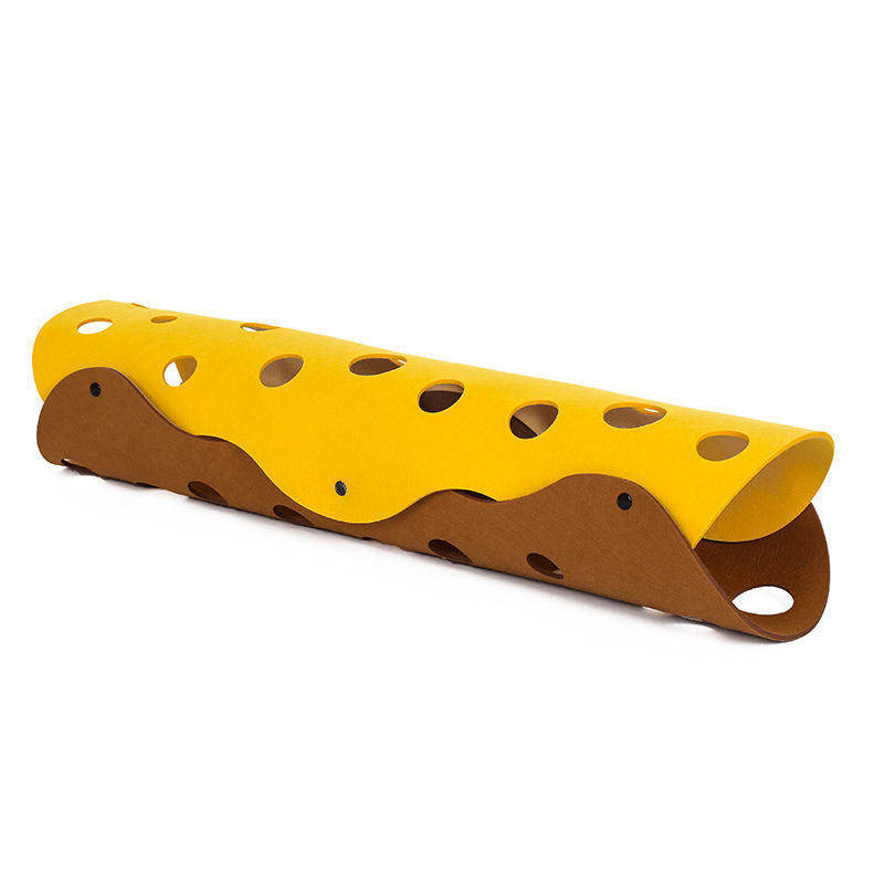 Felt cat tunnel bed and play tunnel in Yellow Brown, size 92 x 43cm